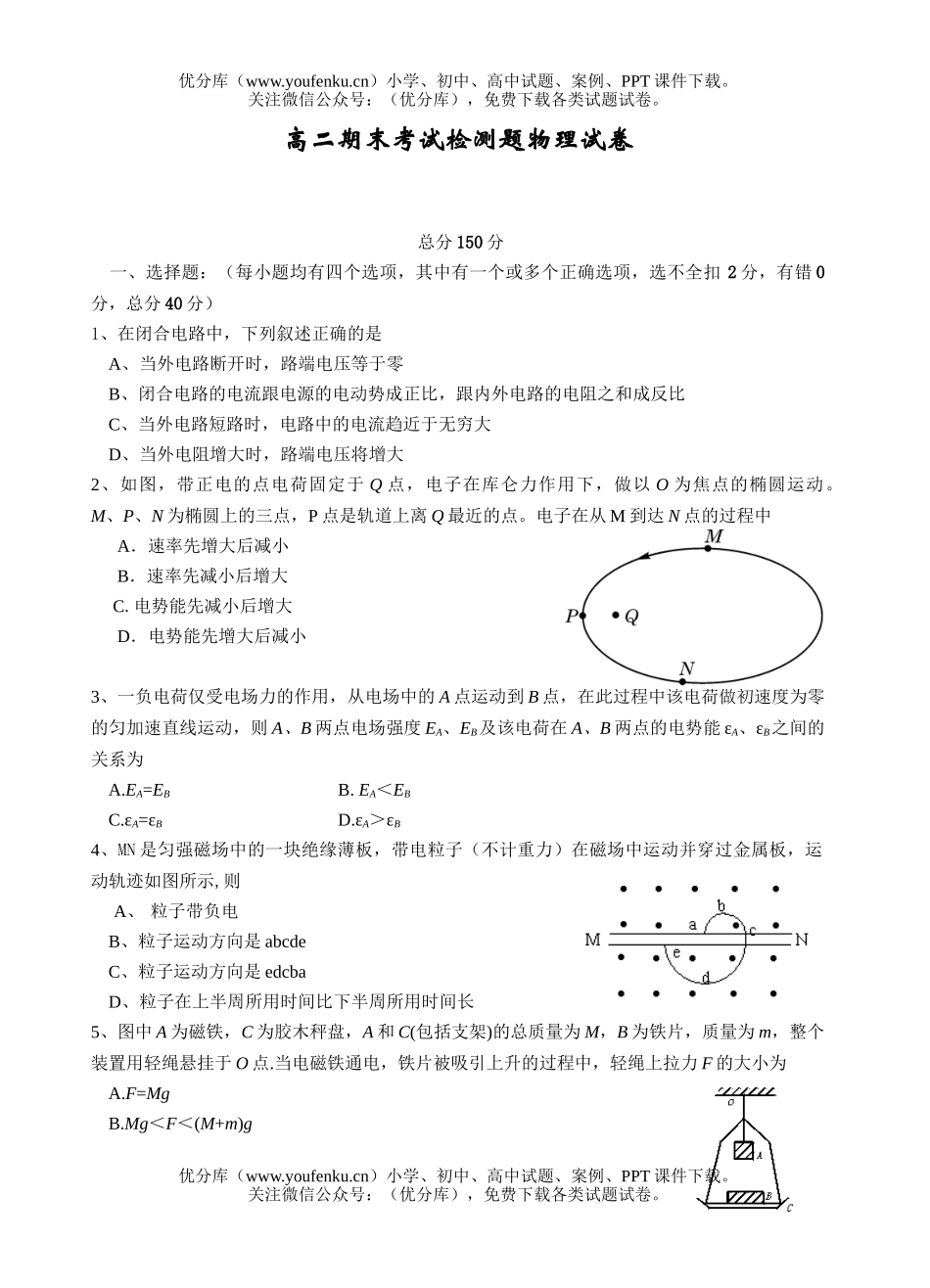 高中二年级物理期末考试检测题试卷_第1页
