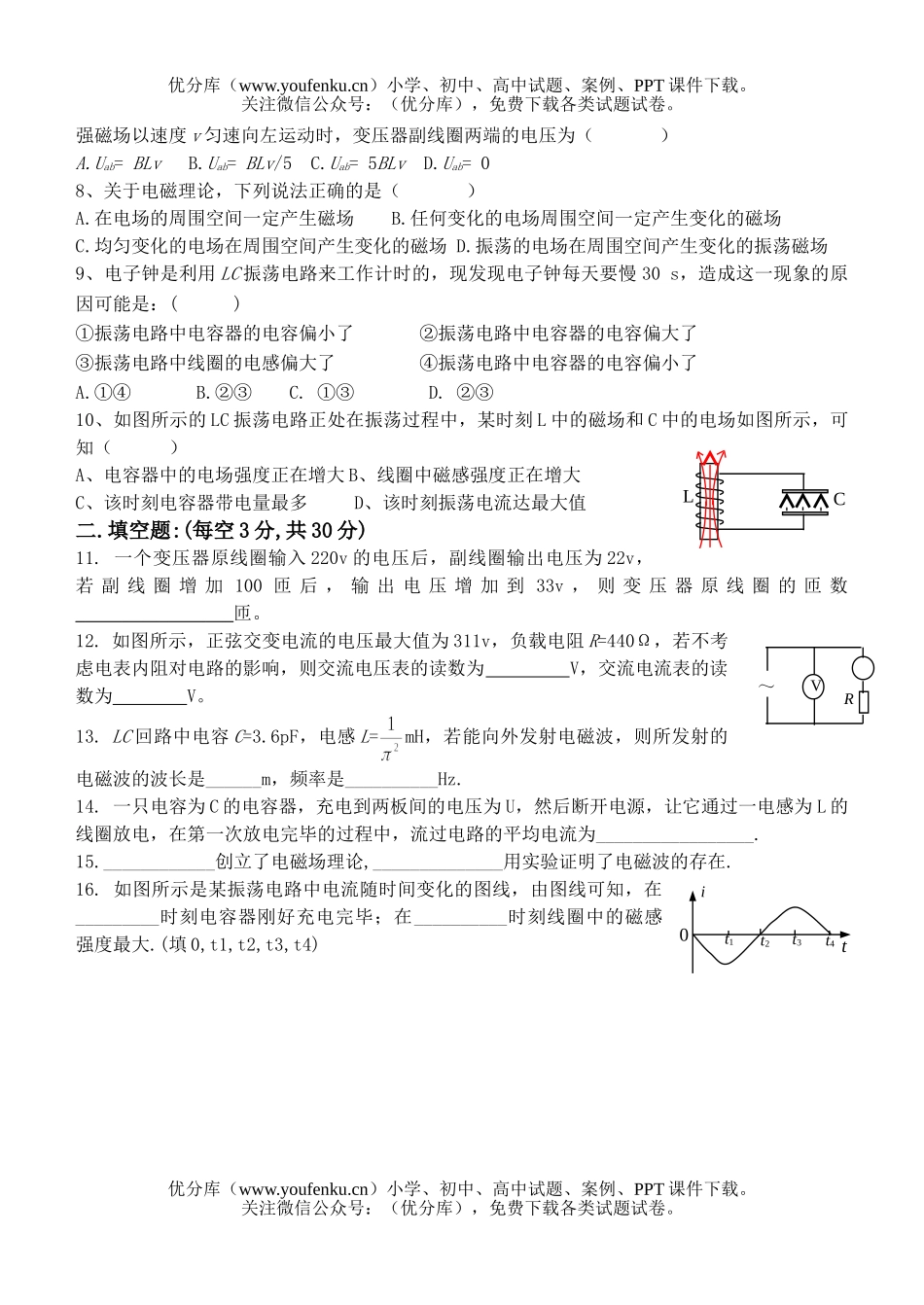 高中二年级物理单元测(交变电流、电磁场和电磁波)试卷_第2页