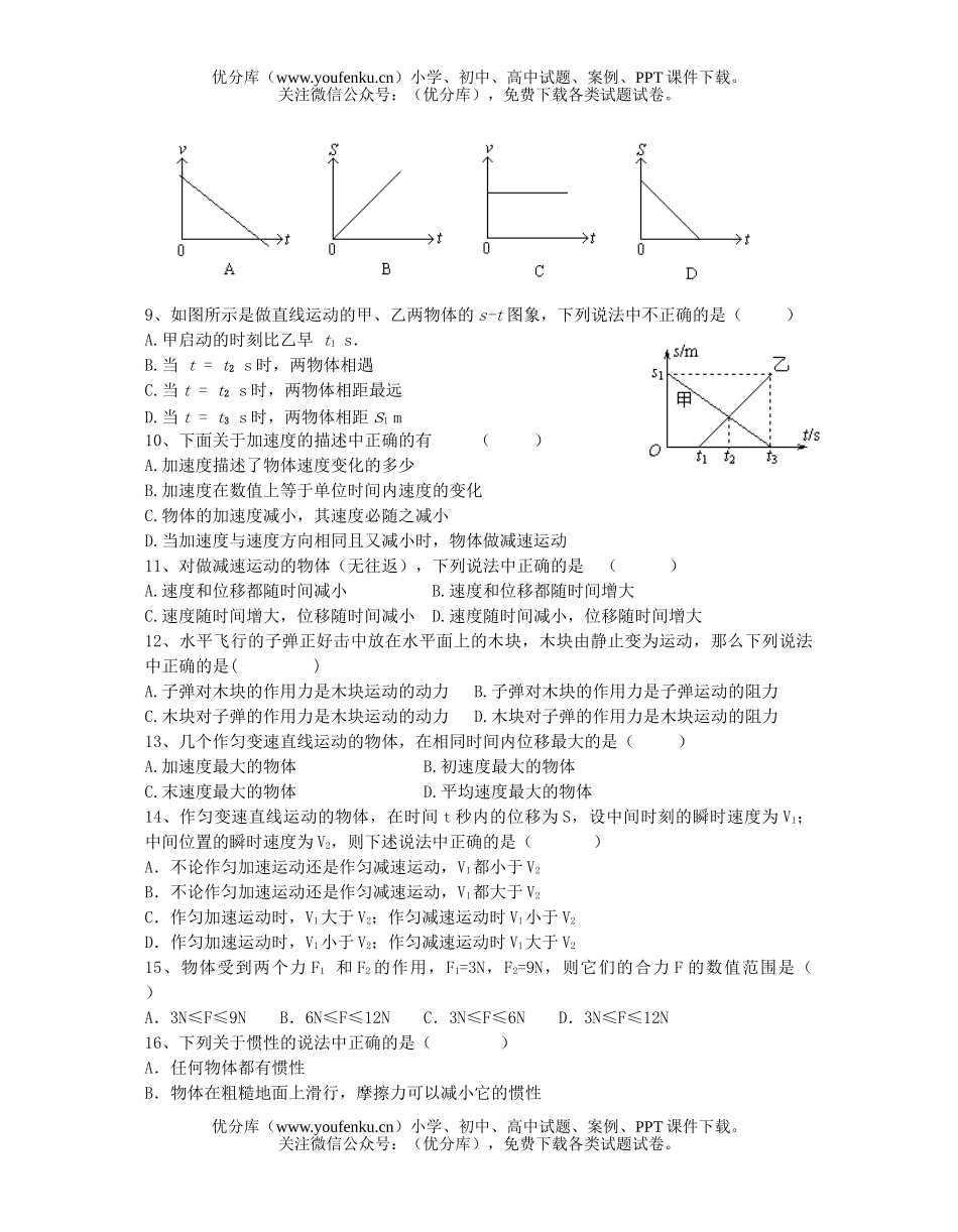 高中二年级物理(文科)期中考试卷_第1页
