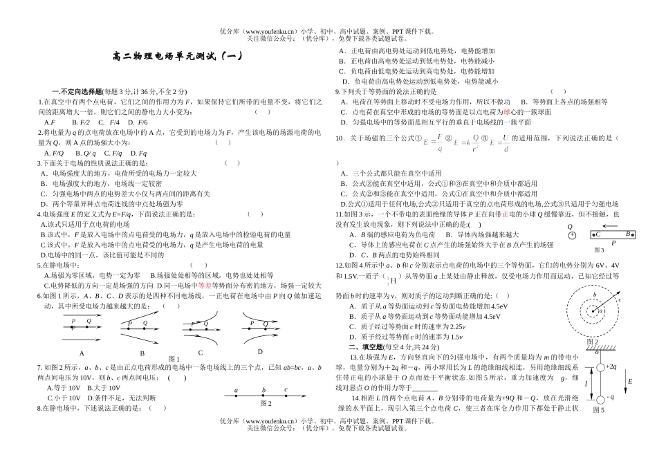 高中二年级物理电场单元测试(一)试卷_第1页