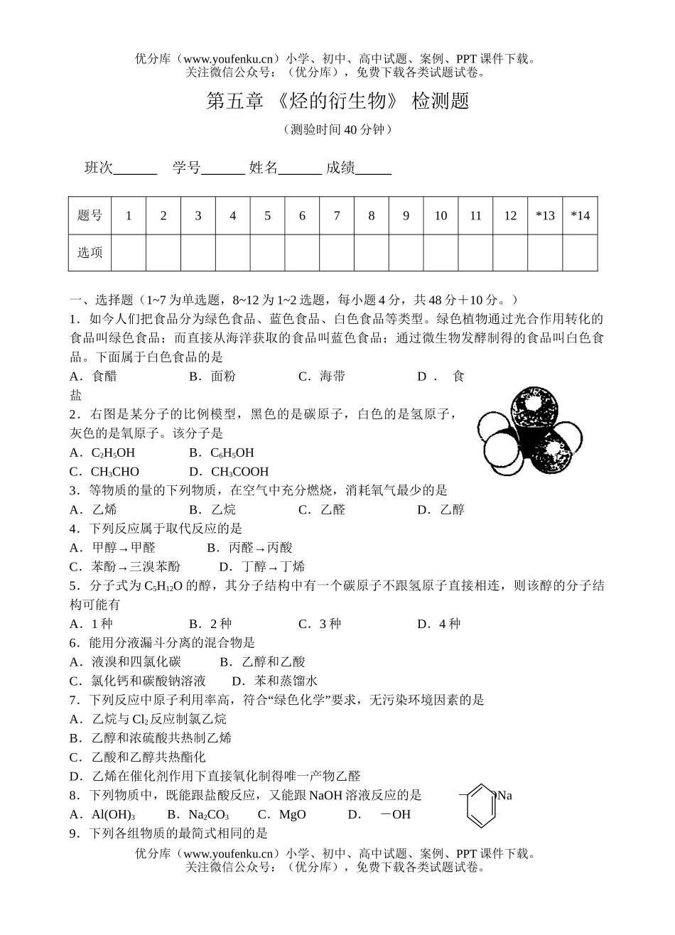 高中二年级化学烃的衍 检测题试卷_第1页