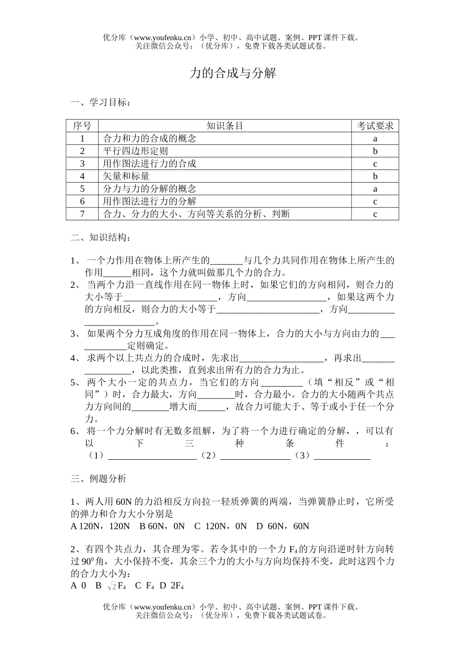 高中二年级物理力的合成与分解试卷_第1页