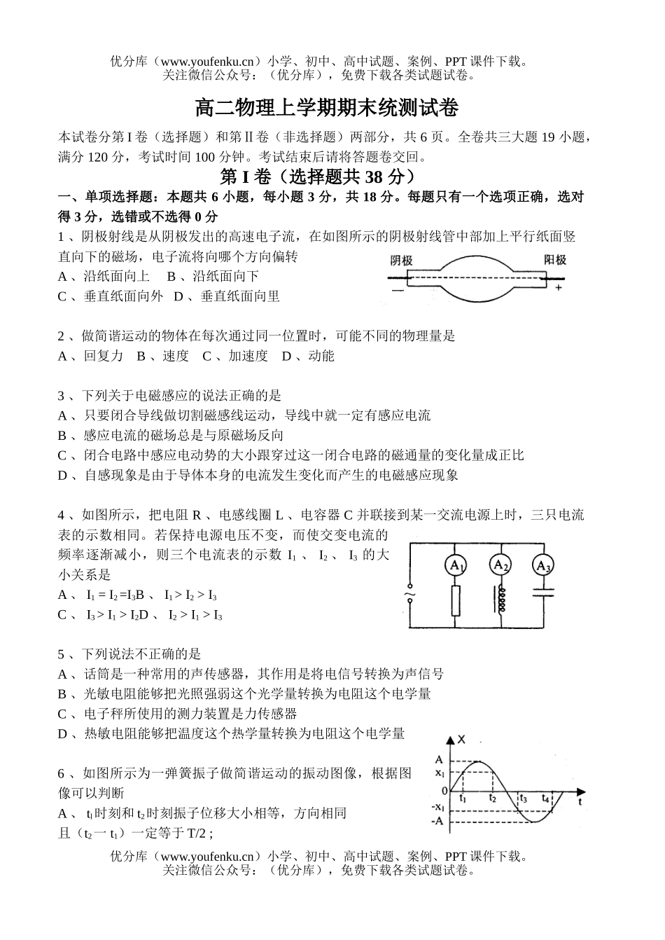 高中二年级物理上学期期末统测试卷_第1页