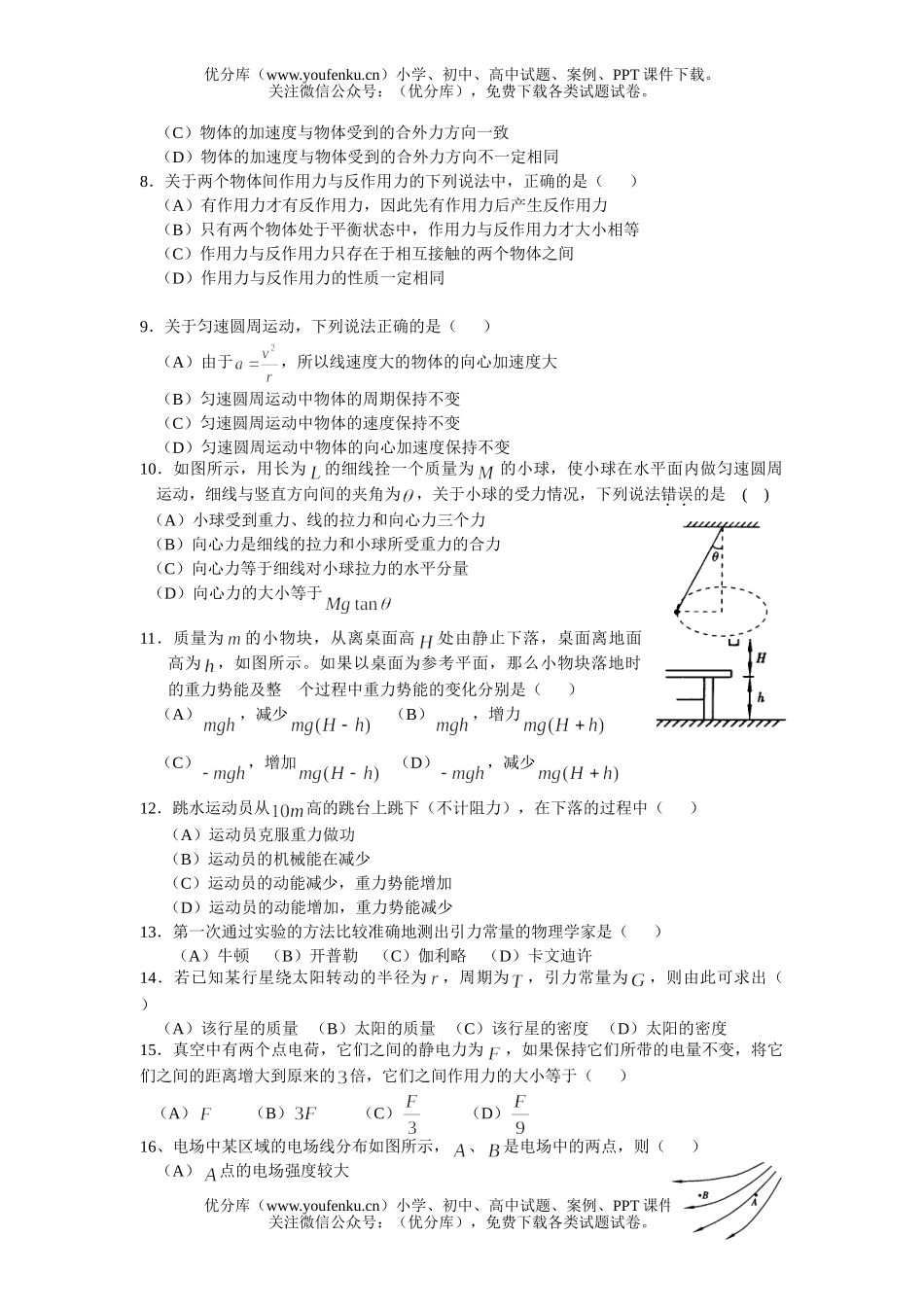 高中二年级物理(必修)学业水平测试模拟卷㈡试卷_第1页