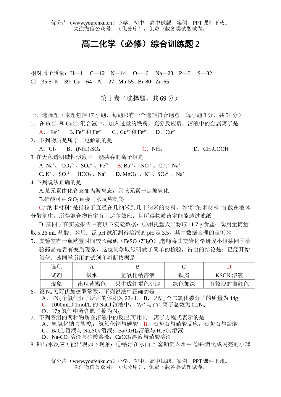 高中二年级化学(必修)综合训练题试卷_第1页