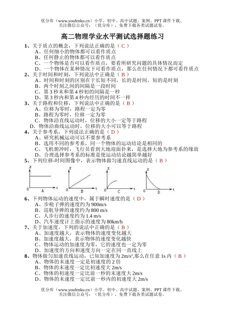 高中二年级物理学业水平测试选择题练习试卷_第1页