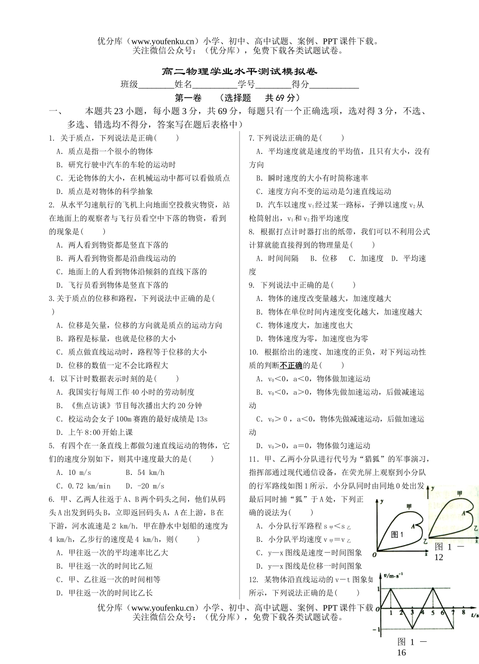 高中二年级物理学业水平测试模拟试卷_第1页