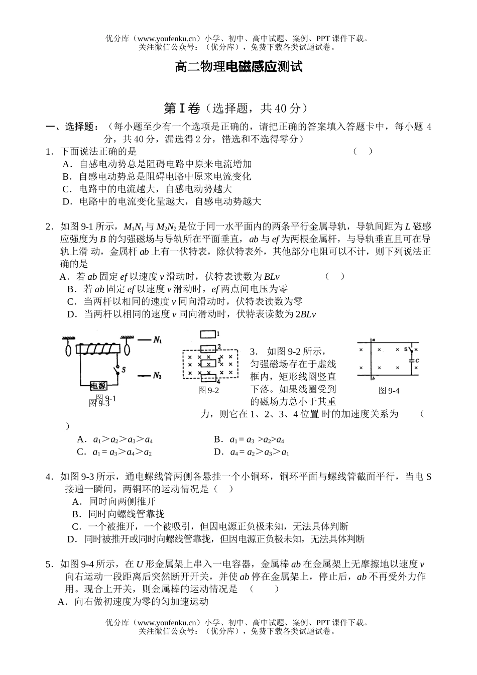 高中二年级物理电磁感应测试卷_第1页