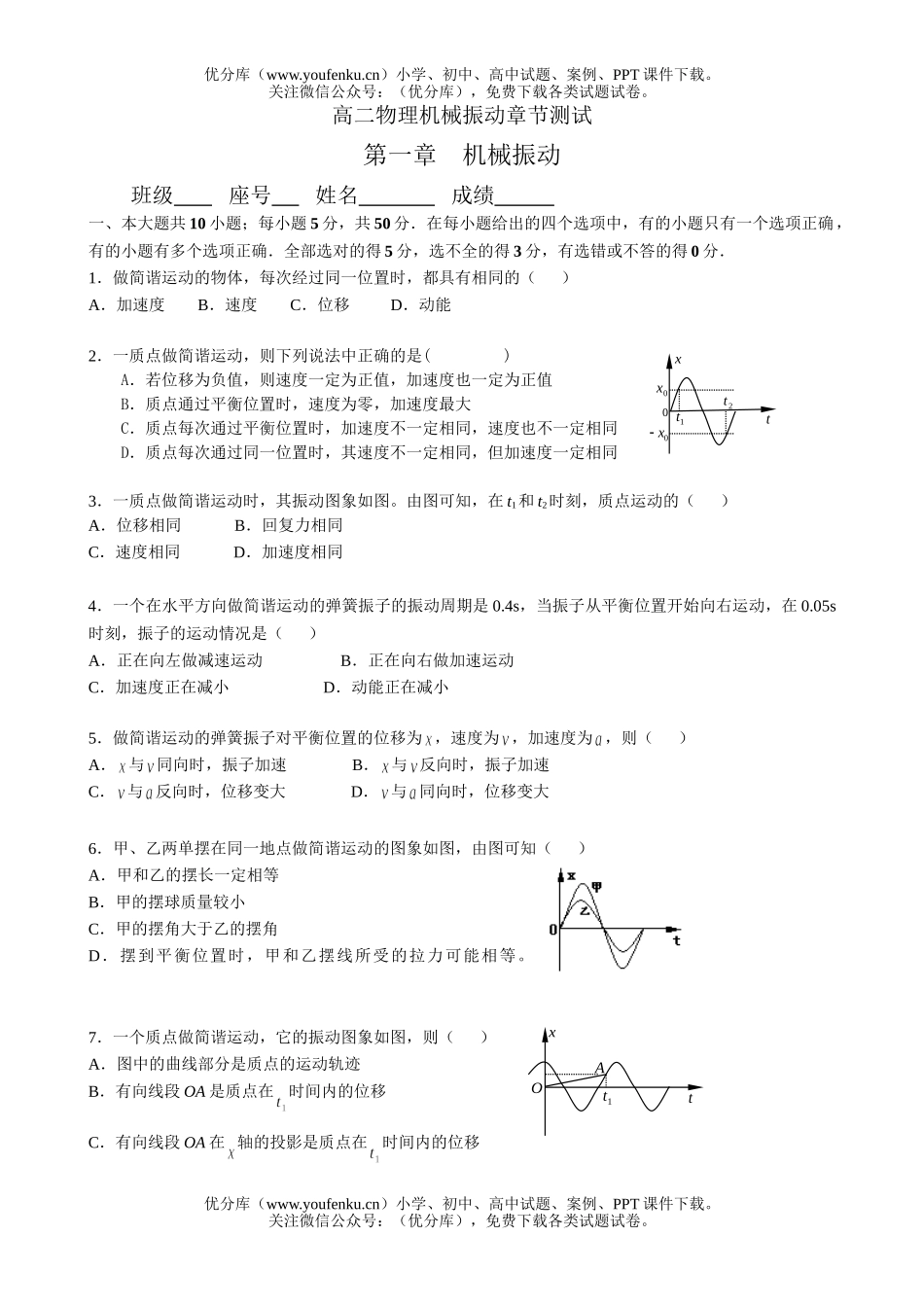 高中二年级物理机械振动章节测试卷_第1页
