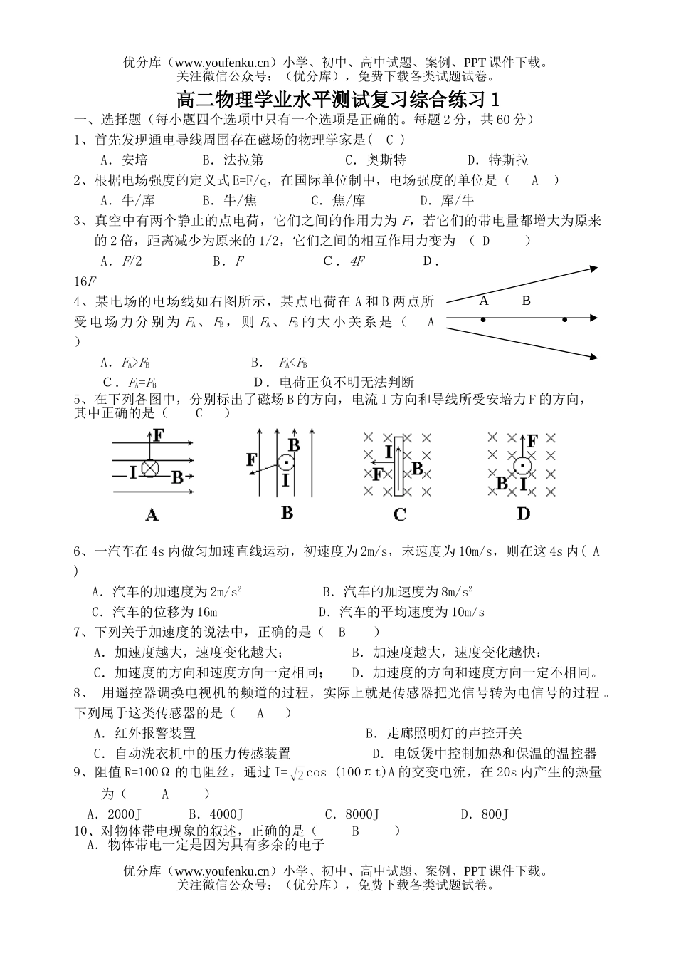 高中二年级物理学业水平测试综合练习1试卷_第1页