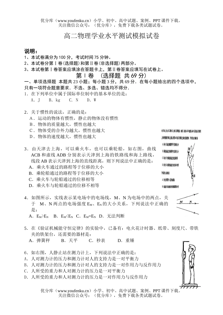 高中二年级物理学业水平测试模拟试卷_第1页