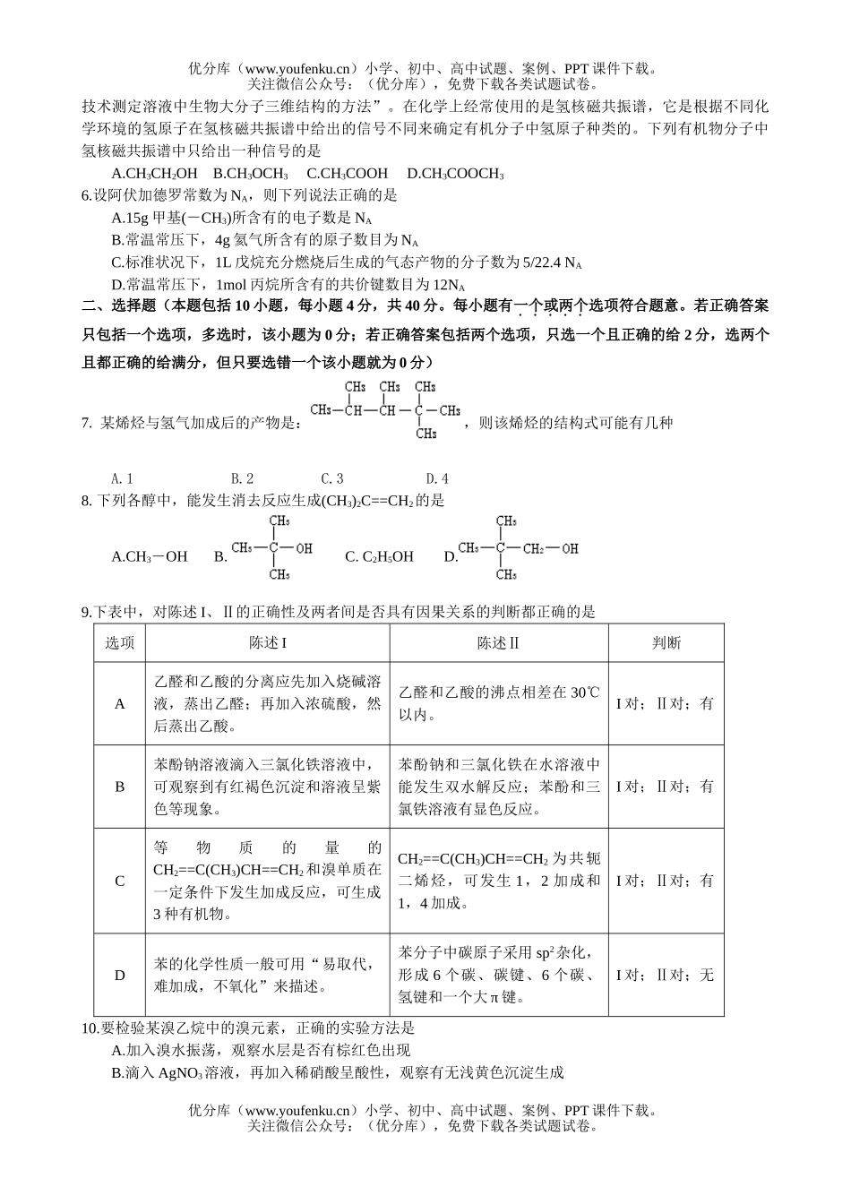 高中二年级化学第二学期期中考试3试卷_第2页
