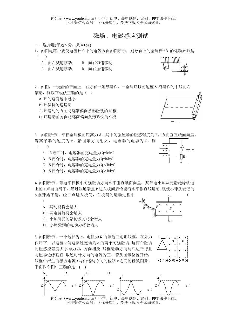 高中二年级物理磁场电磁感应测试卷_第1页