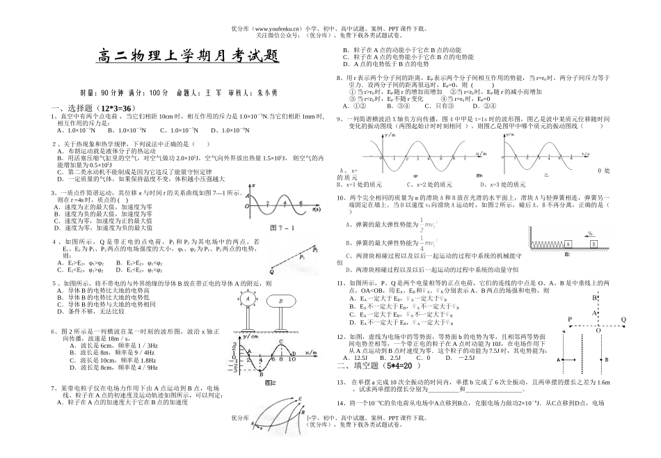 高中二年级物理上学期月考试卷_第1页