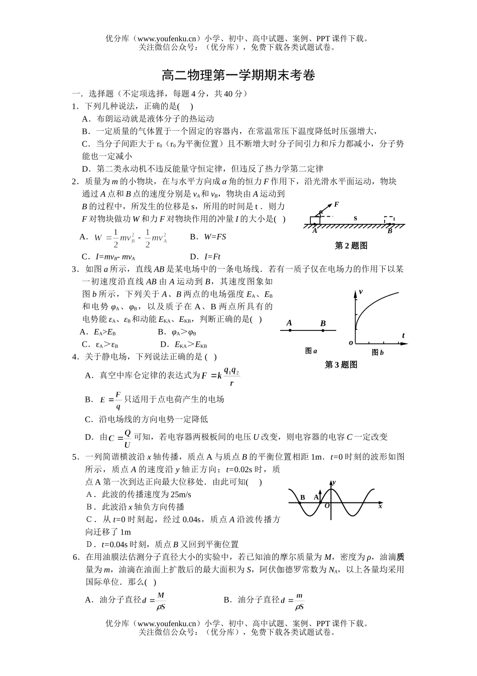高中二年级物理第一学期期末考试卷_第1页