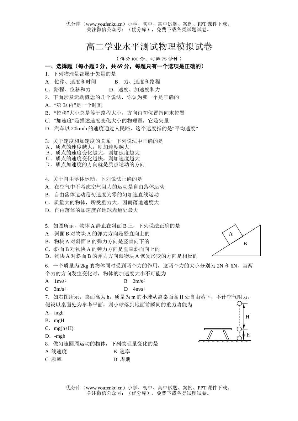 高中二年级物理学业水平测试模拟试卷_第1页