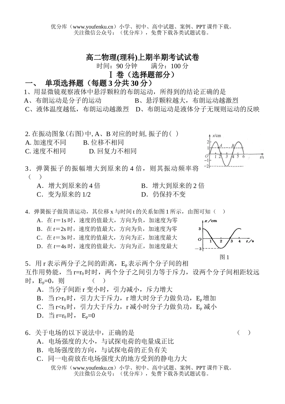 高中二年级物理(理科)上期半期考试1试卷_第1页