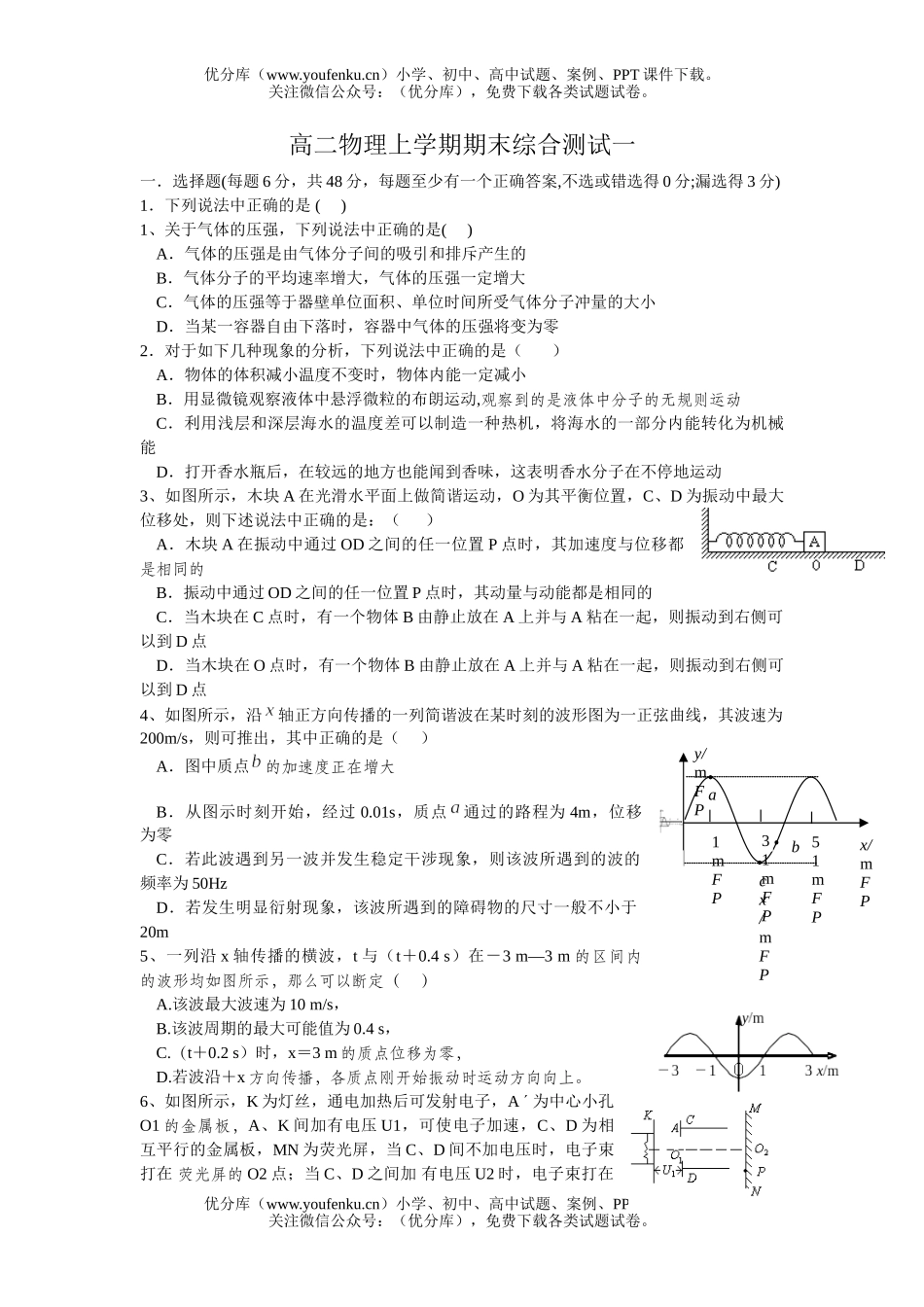 高中二年级物理上学期期末综合测试一试卷_第1页