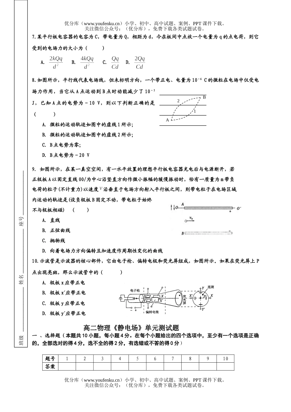 高中二年级物理静电场单元测试卷_第2页