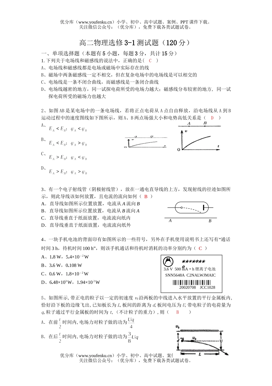 高中二年级物理选修3-1测试卷_第1页