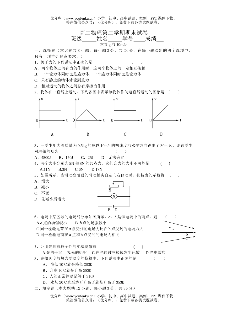 高中二年级物理第二学期期末试卷_第1页