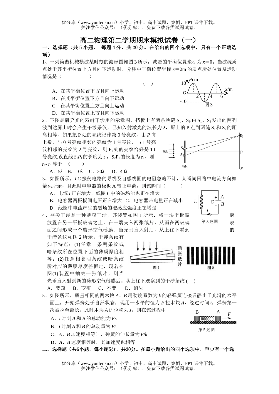 高中二年级物理第二学期期末模拟3试卷_第1页
