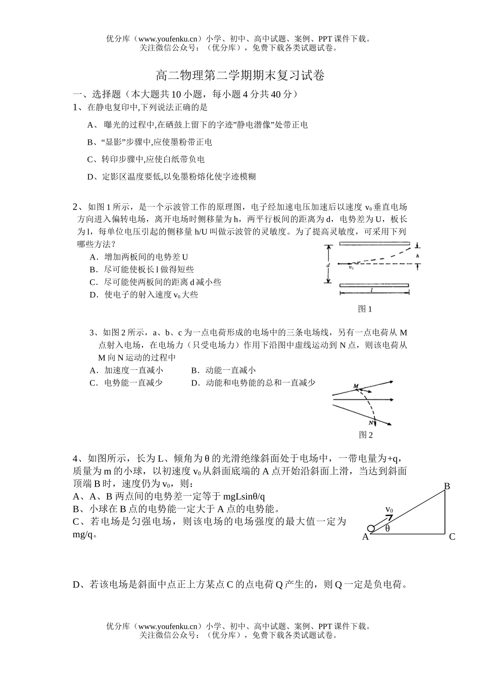 高中二年级物理第二学期期末复习试卷_第1页