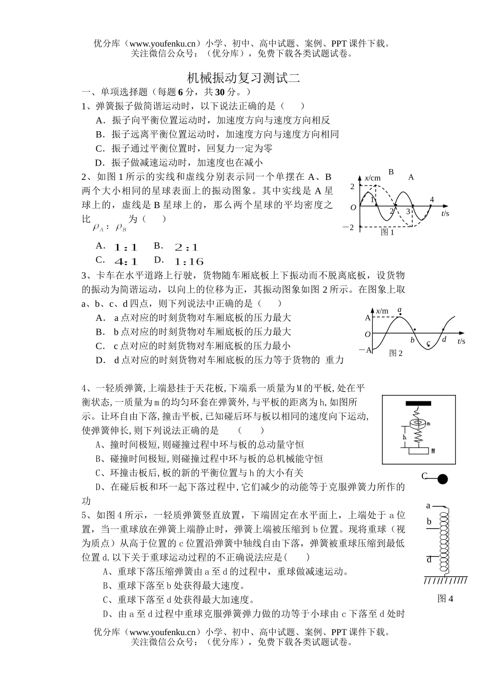 高中二年级物理机械振动复习测试二试卷_第1页