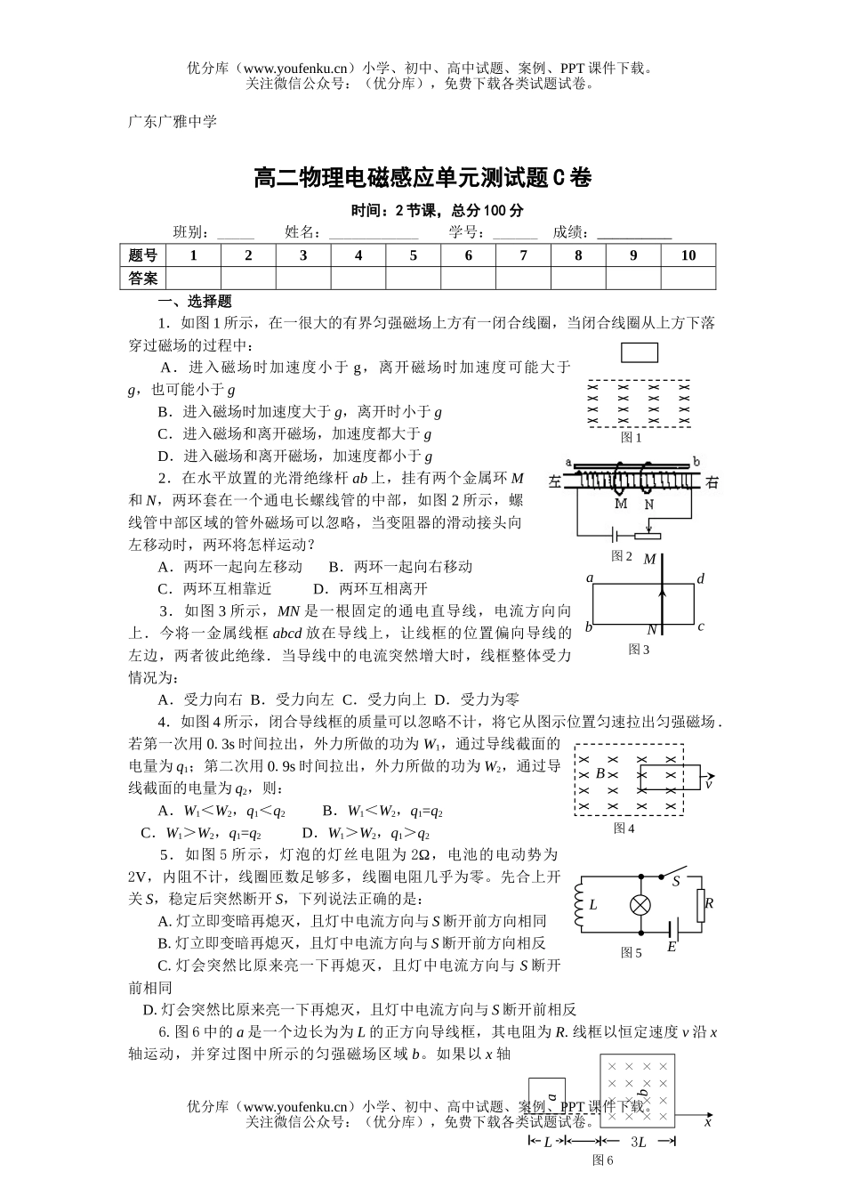 高中二年级物理电磁感应单元测3试卷_第1页