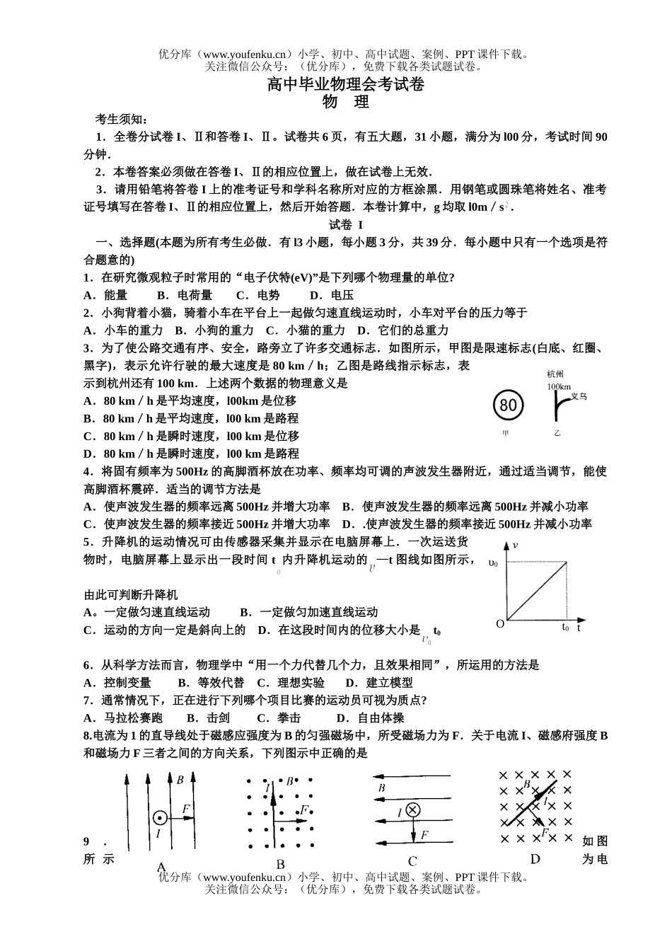 高中二年级物理毕业会考1试卷_第1页