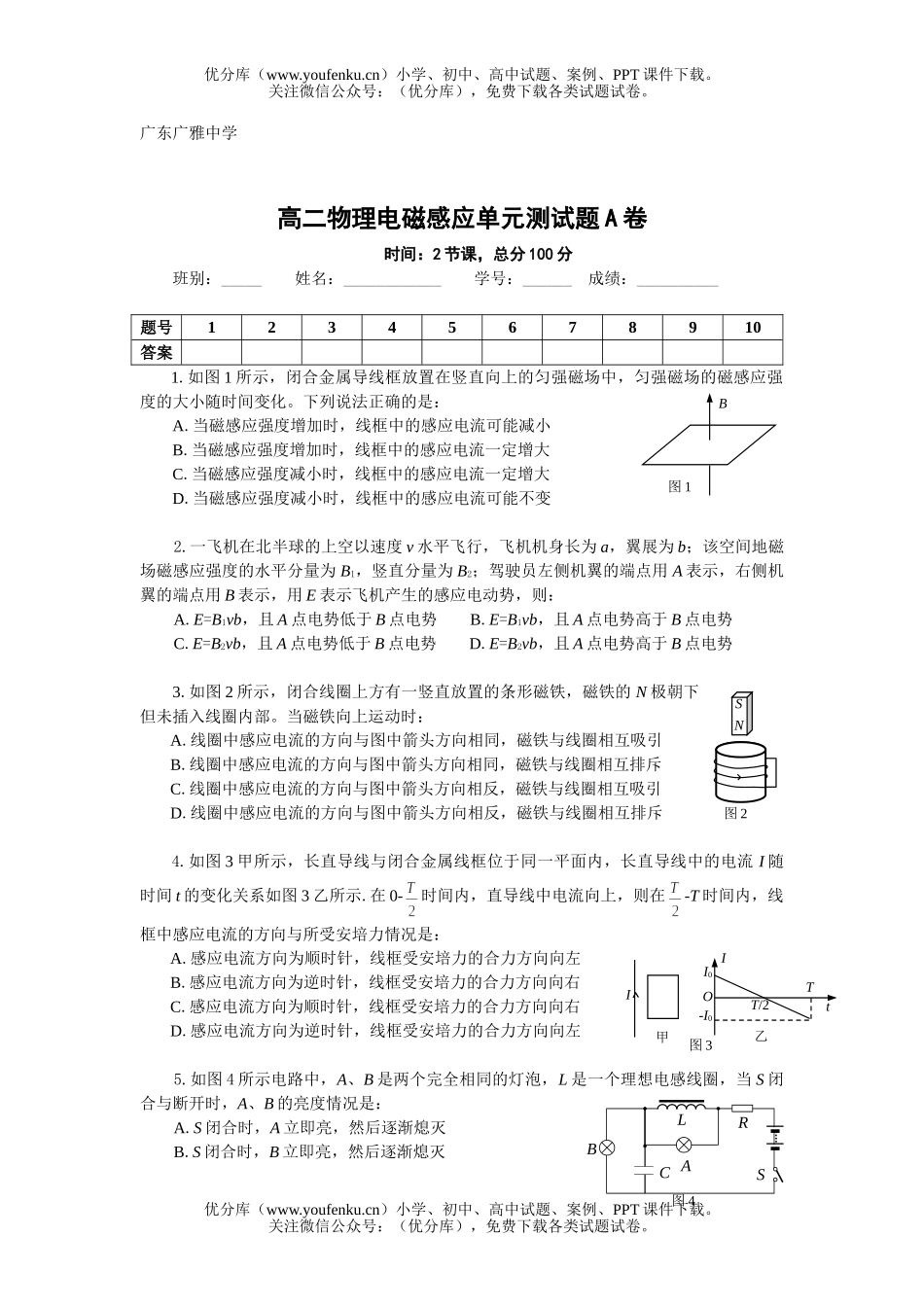 高中二年级物理电磁感应单元测1试卷_第1页
