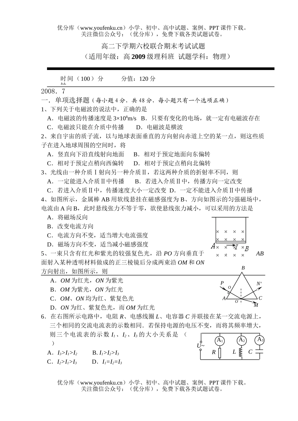高中二年级物理下学期六校联合期末考试卷_第1页
