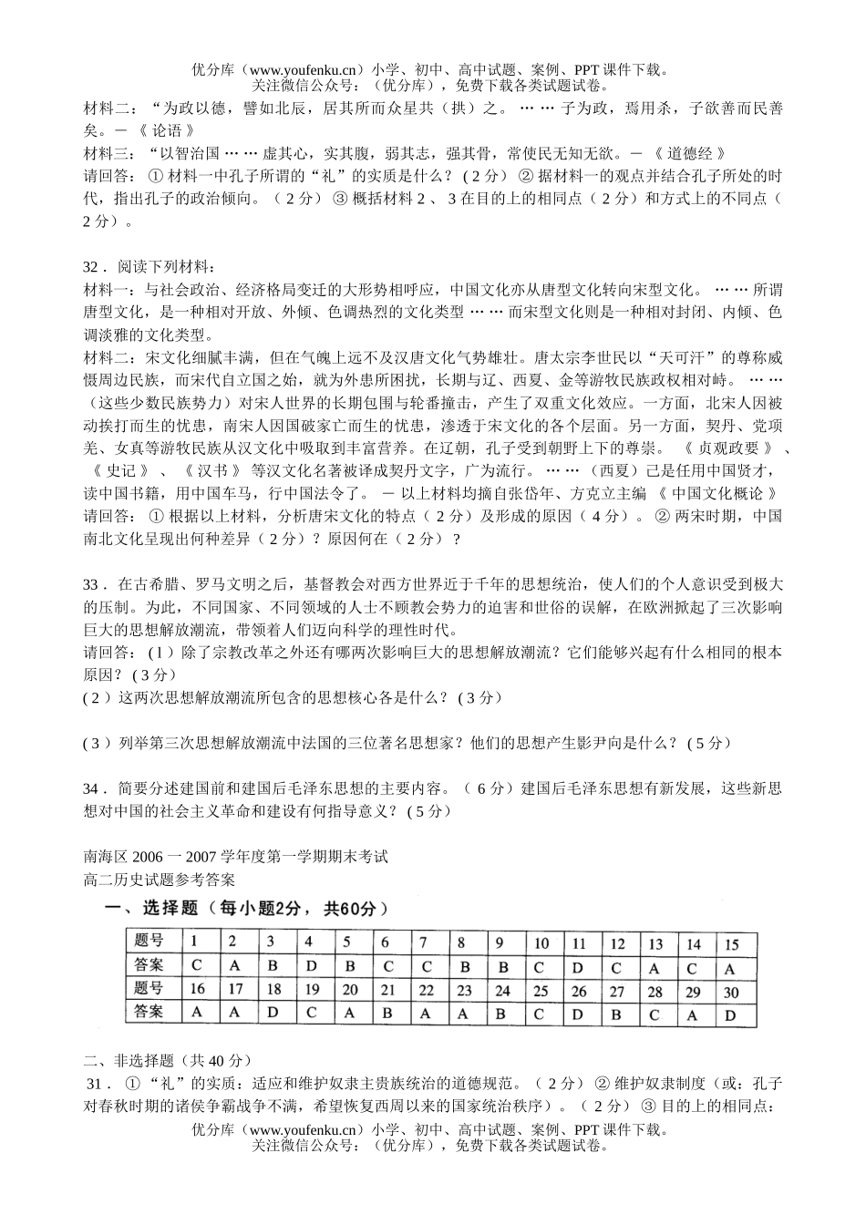 高中二年级历史第一学期期末考试卷_第3页
