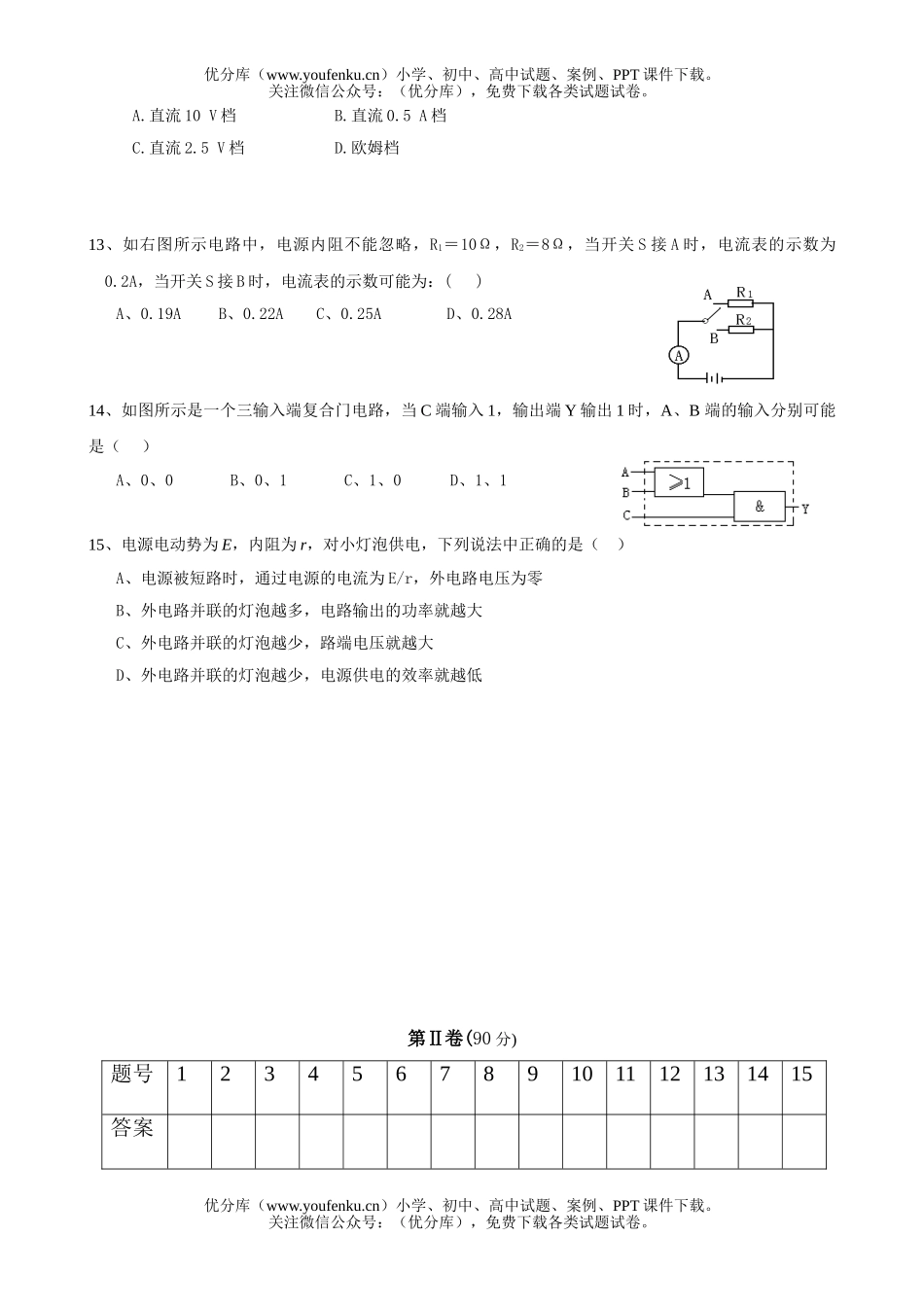 高中二年级物理第一学期期中考试卷_第2页