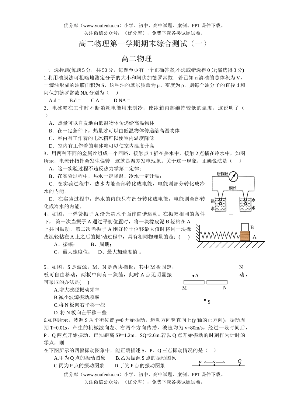 高中二年级物理第一学期期末综合测试一试卷_第1页