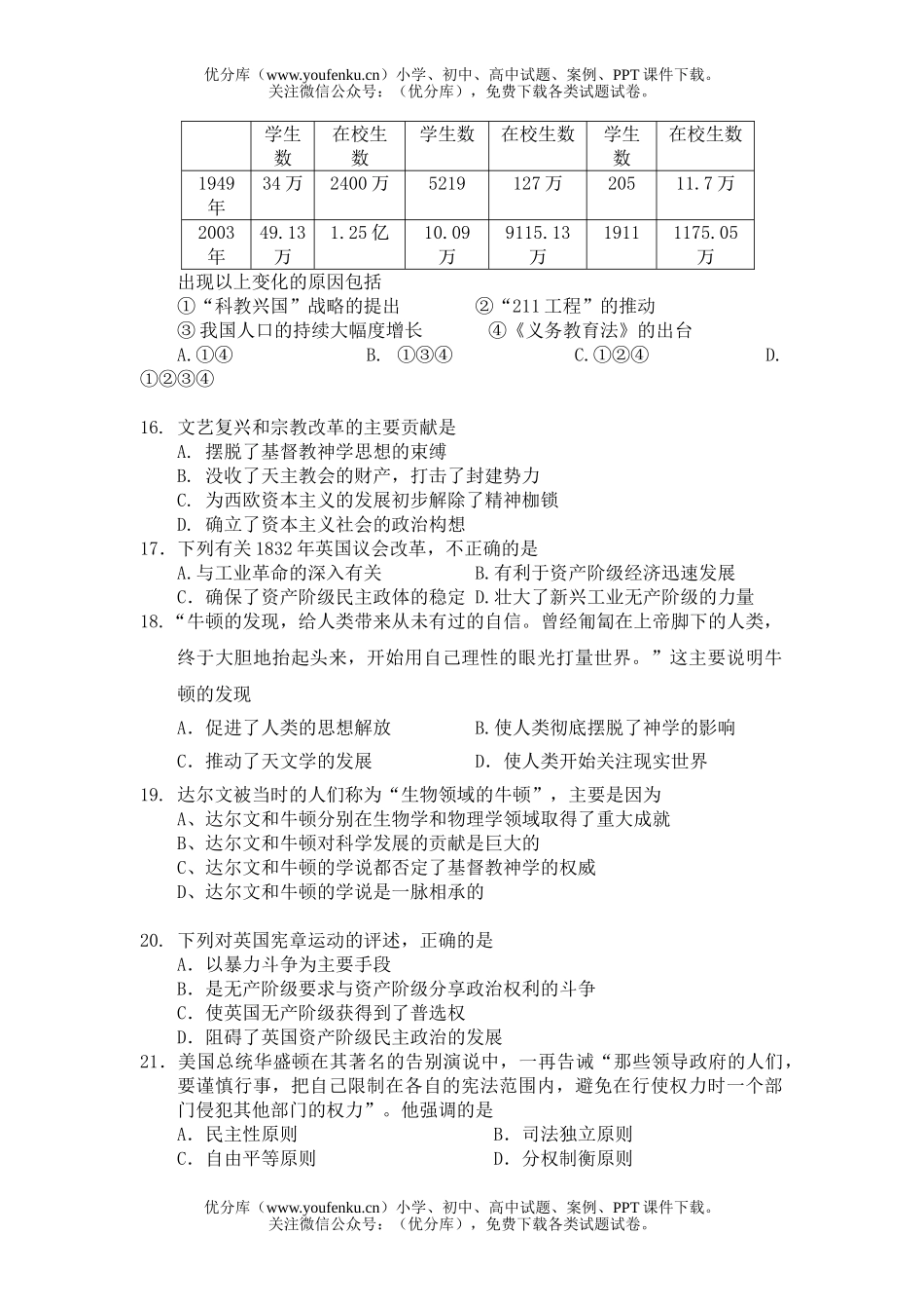 高中二年级历史专业班下册考试卷_第3页