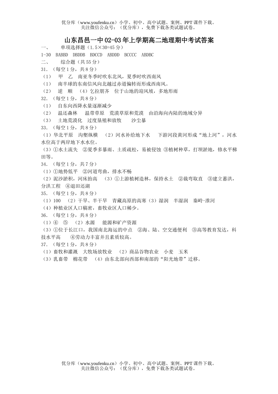 高中二年级地理山东昌邑一中上学期期中考试卷_第1页