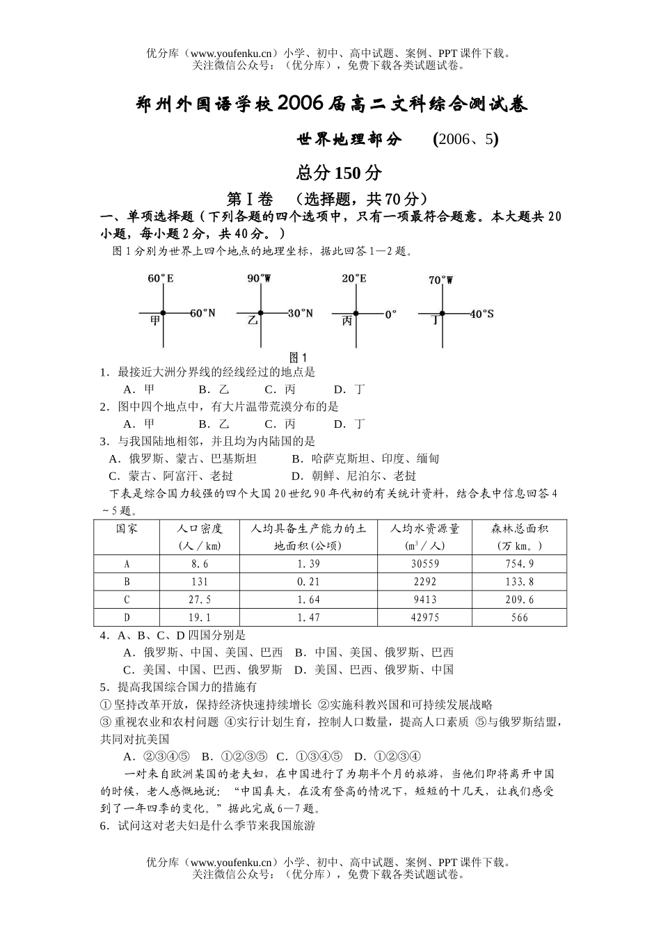 高中二年级地理文科下学期综合测世界部分试卷_第1页