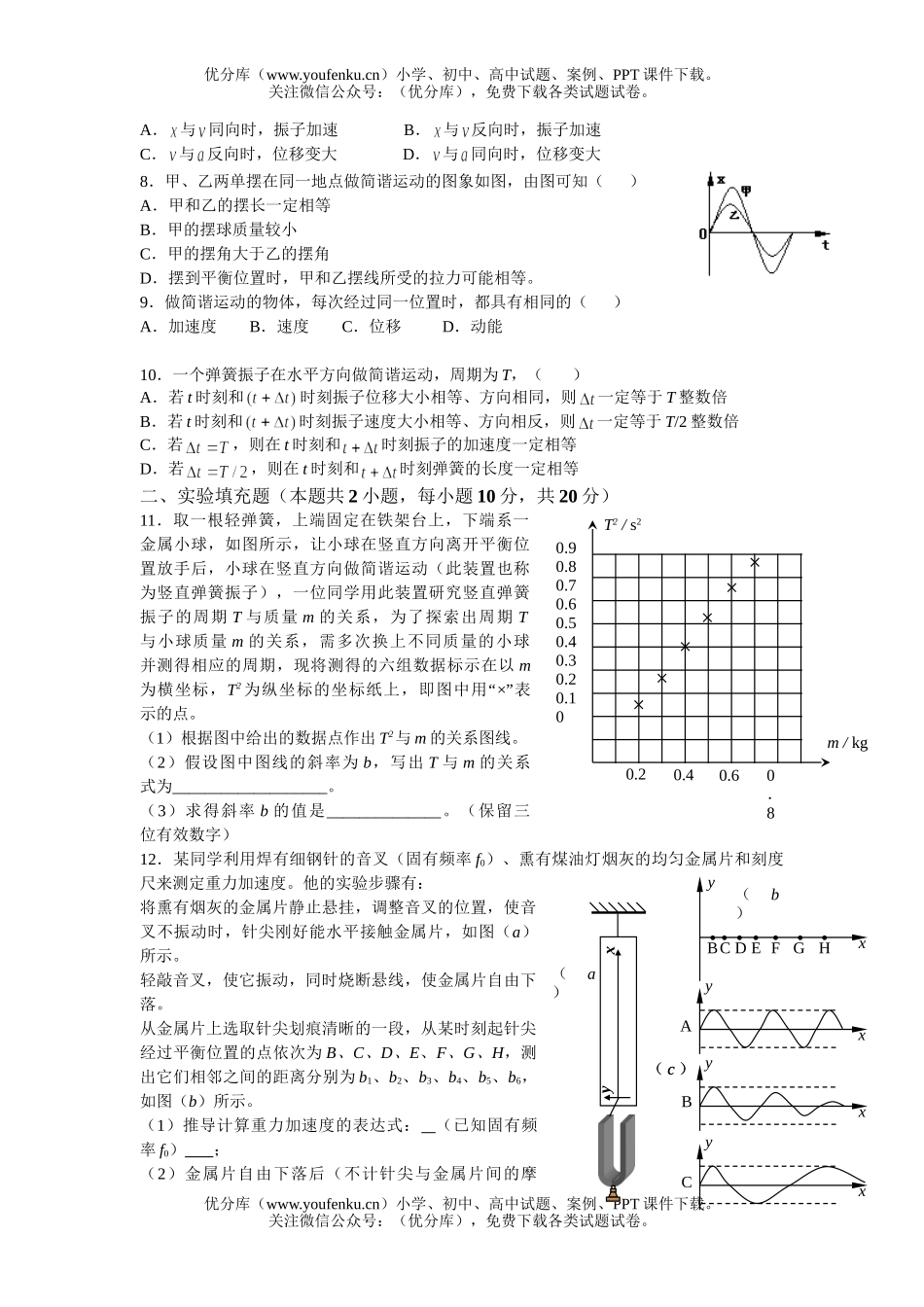 高中二年级物理级机械振动寒假作业试卷_第2页