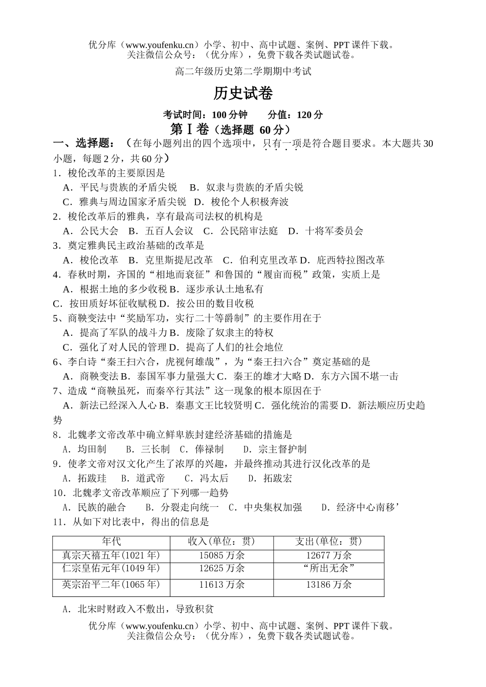 高中二年级历史高第二学期期中考试卷_第1页