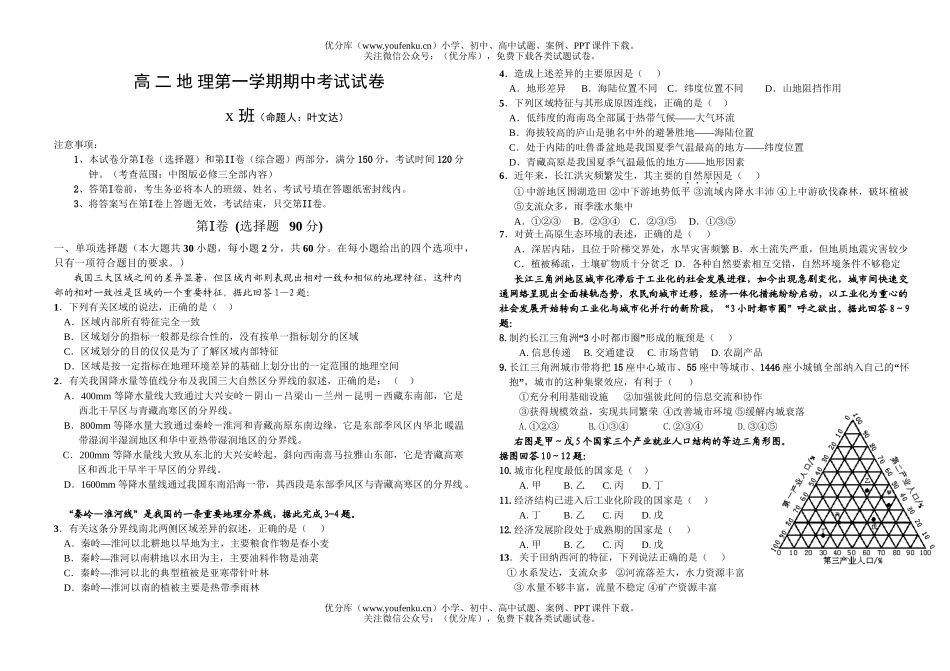 高中二年级地理第一学期期中考试及答案试卷_第1页