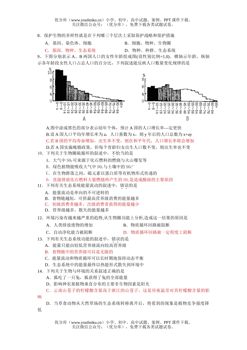 高中二年级生物生态系统与圈训练题试卷_第2页
