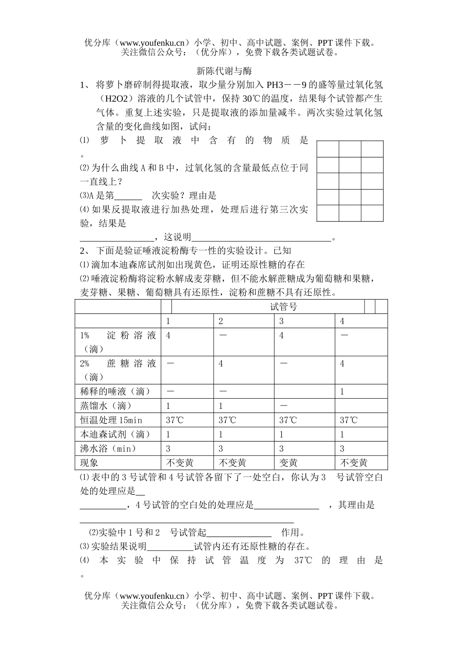 高中二年级生物新陈代谢与酶的几个实验题试卷_第1页