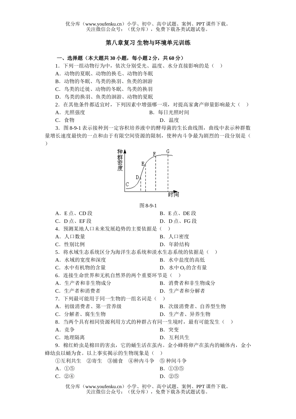 高中二年级生物第八章复习 与环境单元训练试卷_第1页
