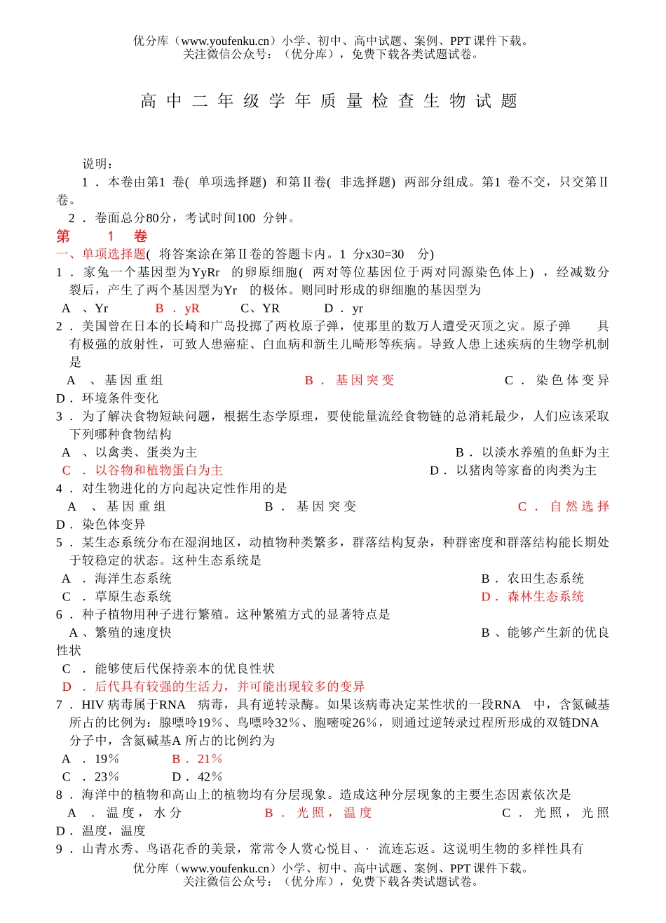 高中二年级生物学年质量检查试卷_第1页