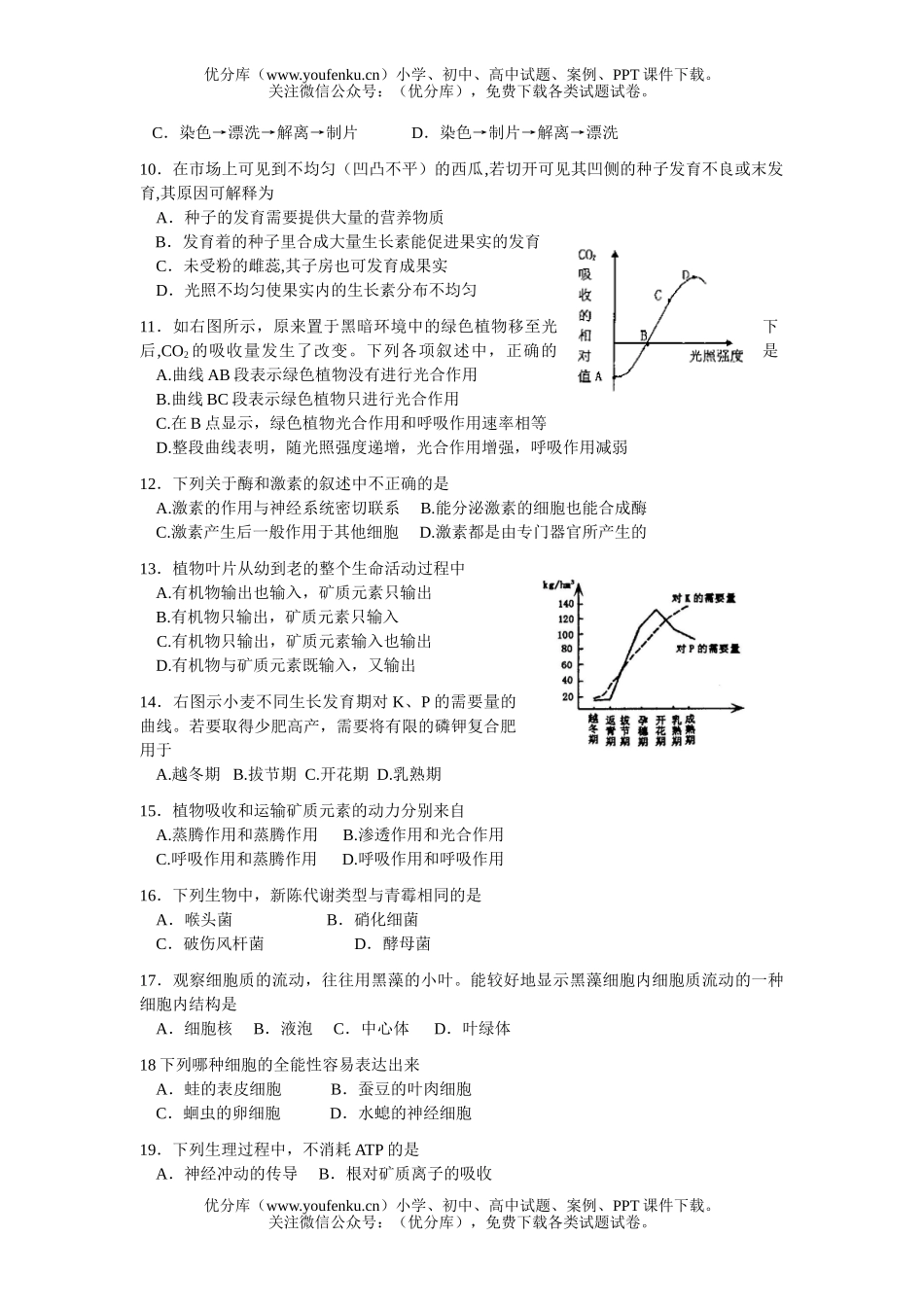高中二年级生物第一学期期终考试卷_第1页