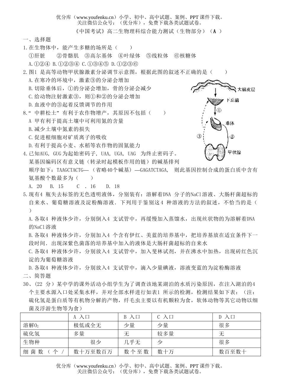 高中二年级生物理科综合能力测试卷_第1页