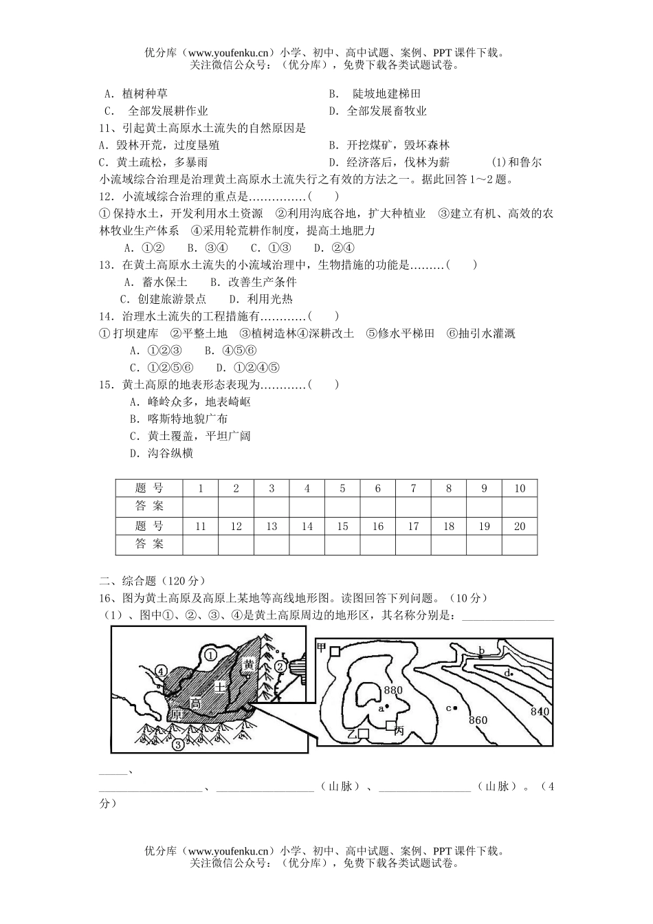 高中二年级地理黄土高原专题试卷_第2页