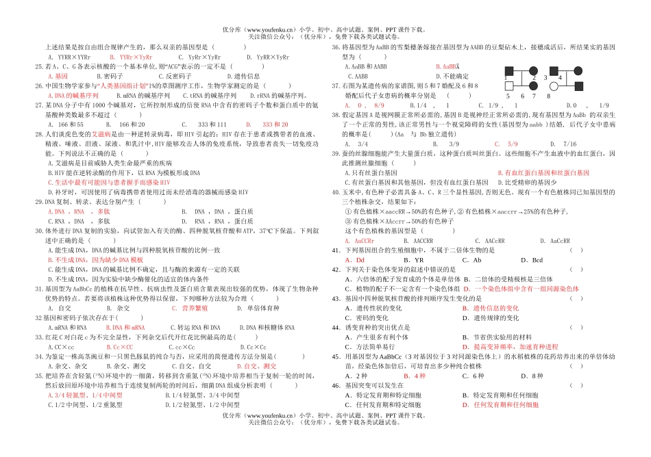 高中二年级生物《遗传和变异》单元测试卷_第2页