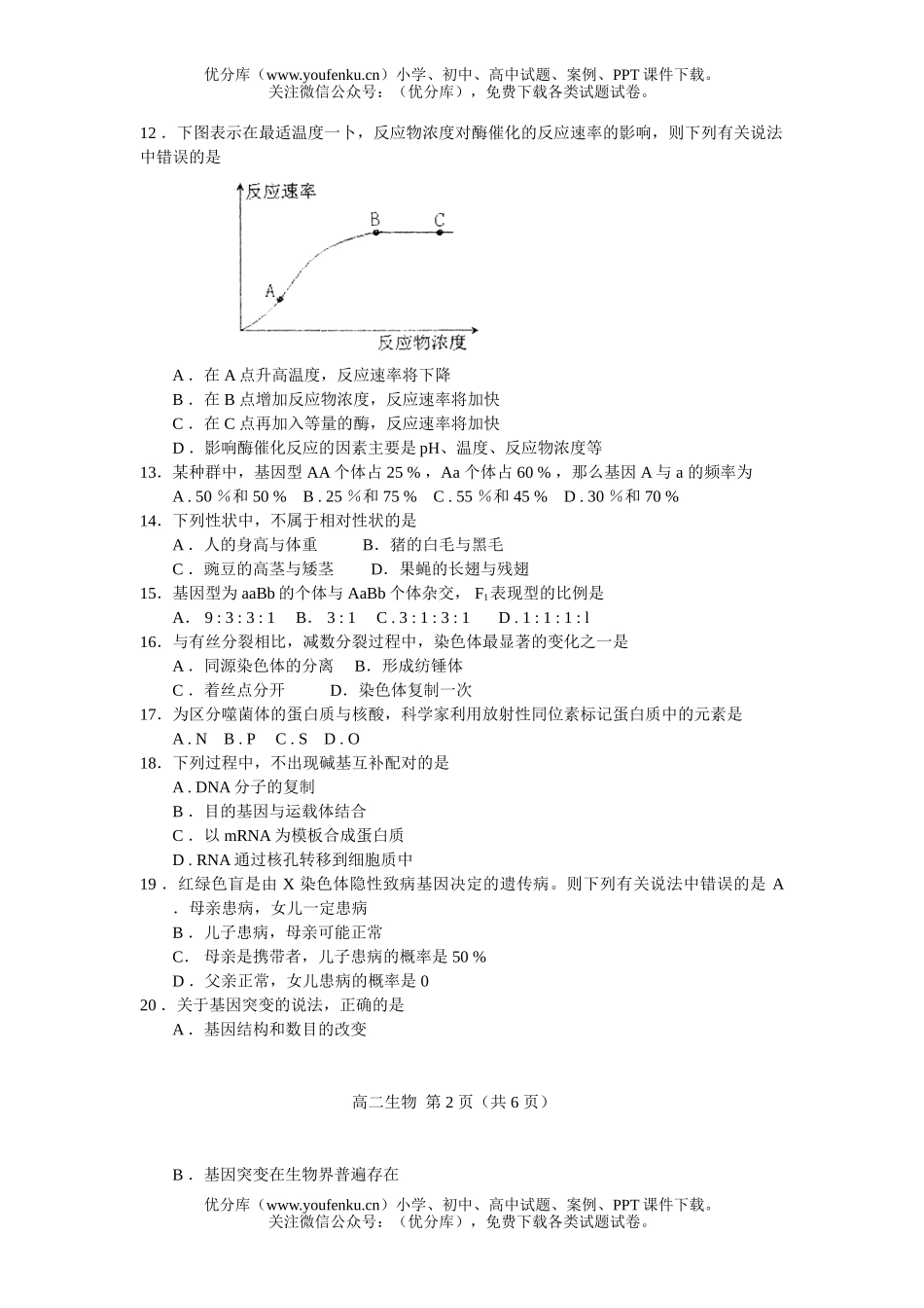 高中二年级生物学业水平测试调研2试卷_第2页